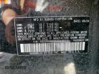 2024 Subaru Legacy Limited with VIN 4S3BWAN68R3024617, listed as a Copart auction lot 60344715 with 7,858 mi miles and Salvage title. Bid and sale history available at DreamBid. Image 12.