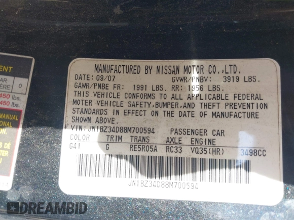 2008 Nissan 350Z with VIN JN1BZ34D88M700594, listed as a IAAI auction lot 41789850 with 183,556 mi miles. Bid and sale history available at carsss.com. Image 9.
