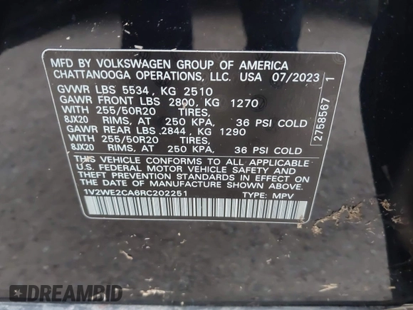 2024 Volkswagen Atlas SE с VIN 1V2WE2CA6RC202251, выставлен на аукционе IAAI как лот 42036596 с пробегом 13 531 миль миль и . История ставок и продаж доступна на DreamBid. Изображение 9.