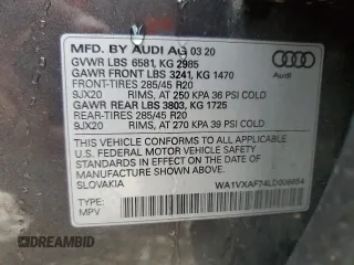 2020 Audi Q7 Prestige with VIN WA1VXAF74LD008654, listed as a Copart auction lot 50490785 with 65,868 mi miles and Salvage title. Bid and sale history available at DreamBid. Image 15.