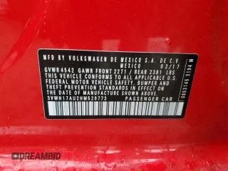 2017 Volkswagen Golf S с VIN 3VWH17AU2HM529773, выставлен на аукционе Copart как лот 56642535 с пробегом 83 773 миль миль и Списание • Salvage title. История ставок и продаж доступна на DreamBid. Изображение 13.