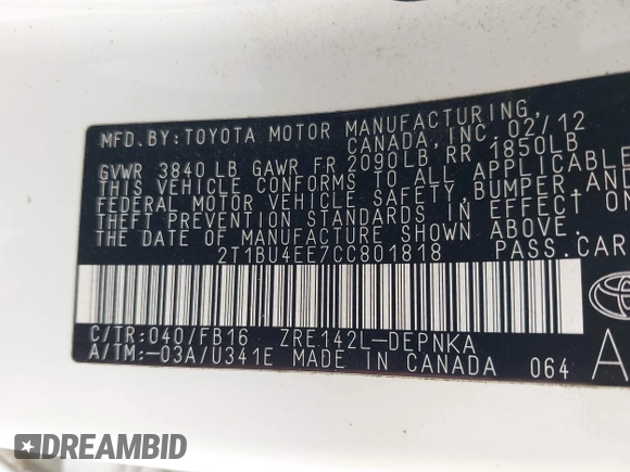 2012 Toyota Corolla L with VIN 2T1BU4EE7CC801818, listed as a IAAI auction lot 41906537 with 110,942 mi miles and . Bid and sale history available at DreamBid. Image 9.