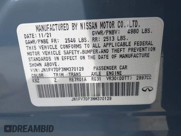 2022 Infiniti Q50 Red Sport 400 with VIN JN1FV7DP3NM370129, listed as a IAAI auction lot 42117906 with 58,607 mi miles and . Bid and sale history available at DreamBid. Image 9.