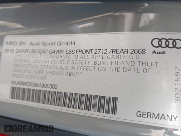 2019 Audi RS 5 Sportback z VIN WUABWCF56KA900302, wystawiony jako IAAI lot #41905518 z przebiegiem 58 932 mil mil oraz . Historia ofert i sprzedaży dostępna na DreamBid. Obrazek 9.
