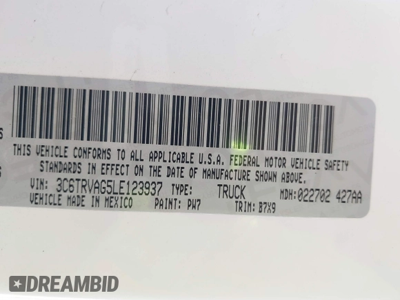 2020 Ram ProMaster Cargo with VIN 3C6TRVAG5LE123937, listed as a IAAI auction lot 41737048 with 168,021 mi miles and . Bid and sale history available at DreamBid. Image 9.
