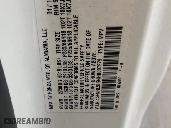 2017 Honda Odyssey Touring with VIN 5FNRL5H94HB007979, listed as a Copart auction lot 56755435 with 125,821 mi miles and Salvage title. Bid and sale history available at DreamBid. Image 13.