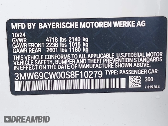 2025 BMW 3 Series 330i with VIN 3MW69CW00S8F10279, listed as a IAAI auction lot 42449705 with 8,908 mi miles and . Bid and sale history available at DreamBid. Image 9.