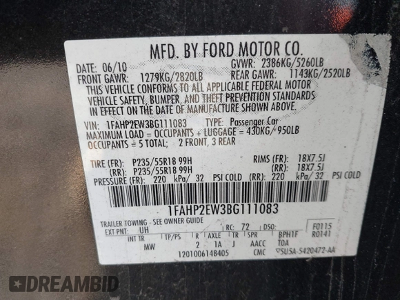 2011 Ford Taurus SEL with VIN 1FAHP2EW3BG111083, listed as a IAAI auction lot 41378232 with 278,577 mi miles. Bid and sale history available at carsss.com. Image 9.