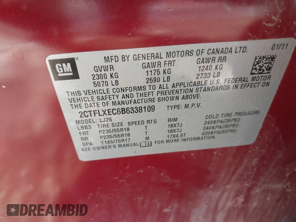 2011 GMC Terrain SLT-2 with VIN 2CTFLXEC6B6338109, listed as a IAAI auction lot 41301788 with 1 mi miles. Bid and sale history available at carsss.com. Image 9.