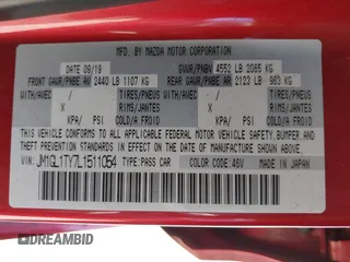 2020 Mazda 6 Grand Touring with VIN JM1GL1TY7L1511054, listed as a IAAI auction lot 41734848 with 70,573 mi miles. Bid and sale history available at carsss.com. Image 9.