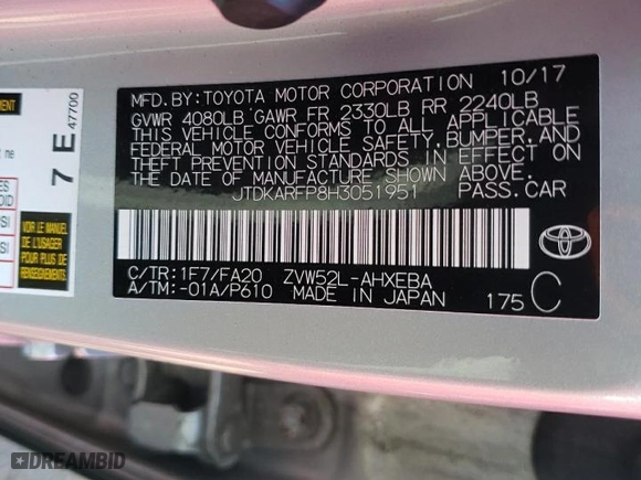 2017 Toyota Prius Prime Plus with VIN JTDKARFP8H3051951, listed as a Copart auction lot 49072695 with 122,271 mi miles and Salvage Title. Bid and sale history available at carsss.com. Image 13.