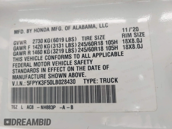 2020 Honda Ridgeline RTL with VIN 5FPYK3F50LB028430, listed as a IAAI auction lot 42033090 with Not provided miles and . Bid and sale history available at DreamBid. Image 9.