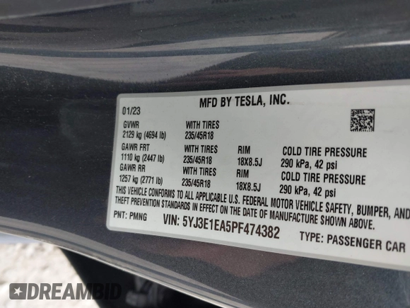 2023 Tesla Model 3 with VIN 5YJ3E1EA5PF474382, listed as a IAAI auction lot 41764268 with 31,040 mi miles and . Bid and sale history available at DreamBid. Image 9.
