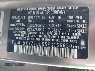 2014 Hyundai Santa Fe z VIN 5XYZTDLB5EG166650, wystawiony jako IAAI lot #41520847 z przebiegiem 197 250 mil mil oraz . Historia ofert i sprzedaży dostępna na DreamBid. Obrazek 9.