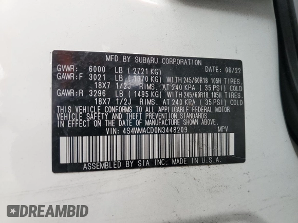 2022 Subaru Ascent Premium with VIN 4S4WMACD0N3448209, listed as a Copart auction lot 54436695 with 52,858 mi miles and Salvage title. Bid and sale history available at DreamBid. Image 13.