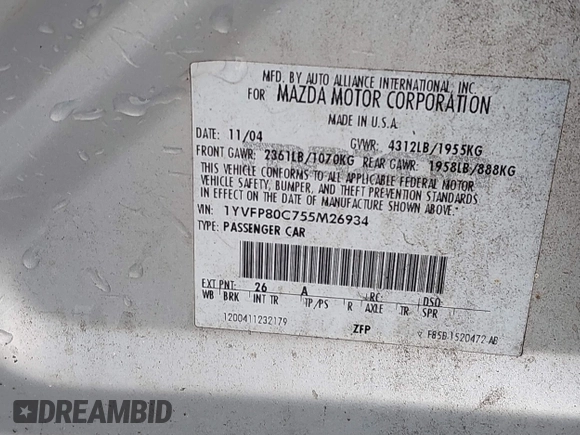 2005 Mazda 6 i with VIN 1YVFP80C755M26934, listed as a IAAI auction lot 41793565 with 247,671 mi miles and . Bid and sale history available at DreamBid. Image 9.