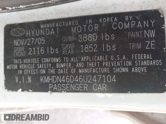 2006 Hyundai Elantra GLS z VIN KMHDN46D46U247104, wystawiony jako IAAI lot #42407301 z przebiegiem 173 772 mil mil oraz . Historia ofert i sprzedaży dostępna na DreamBid. Obrazek 9.