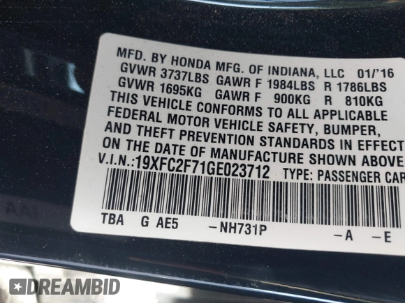 2016 Honda Civic EX with VIN 19XFC2F71GE023712, listed as a IAAI auction lot 41824595 with 87,127 mi miles and . Bid and sale history available at DreamBid. Image 9.