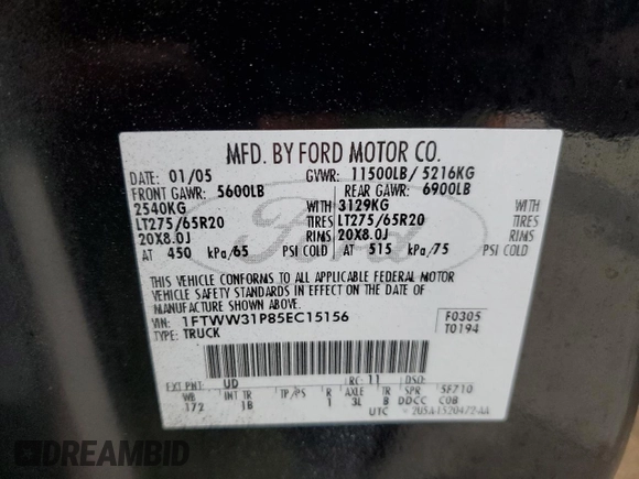 2005 Ford F-350 XL with VIN 1FTWW31P85EC15156, listed as a Copart auction lot 62601695 with 205,824 mi miles and Clean title. Bid and sale history available at DreamBid. Image 13.