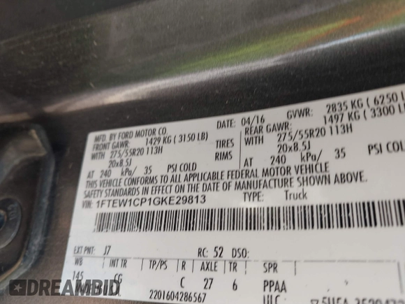 2016 Ford F-150 XL with VIN 1FTEW1CP1GKE29813, listed as a IAAI auction lot 41322483 with Not Provided miles and . Bid and sale history available at carsss.com. Image 9.