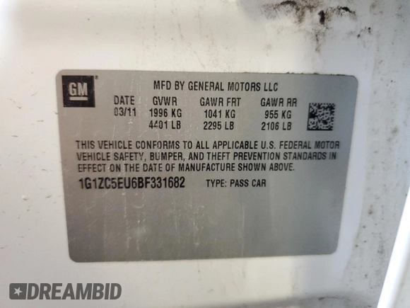2011 Chevrolet Malibu 1LT with VIN 1G1ZC5EU6BF331682, listed as a Copart auction lot 53348805 with 173,565 mi miles and Non Repairable. Bid and sale history available at DreamBid. Image 12.