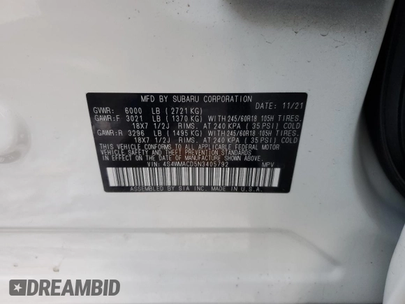 2022 Subaru Ascent Premium with VIN 4S4WMACD5N3405792, listed as a Copart auction lot 42853905 with 17,166 mi miles and Salvage title. Bid and sale history available at DreamBid. Image 14.