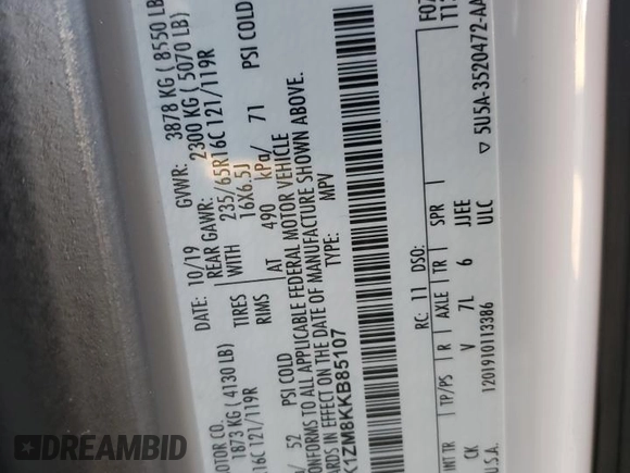 2019 Ford Transit Passenger XL z VIN 1FMZK1ZM8KKB85107, wystawiony jako Copart lot #78525913 z przebiegiem 88 509 mil mil oraz Szkoda całkowita • Salvage title. Historia ofert i sprzedaży dostępna na DreamBid. Obrazek 14.