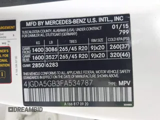 2015 Mercedes-Benz M 400 with VIN 4JGDA5GB3FA534787, listed as a IAAI auction lot 41084917 with 116,325 mi miles and . Bid and sale history available at DreamBid. Image 9.