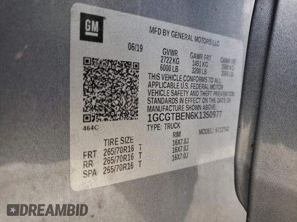 2019 Chevrolet Colorado 4WD Work Truck z VIN 1GCGTBEN6K1350977, wystawiony jako Copart lot #54855495 z przebiegiem 179 285 mil mil oraz Szkoda całkowita • Salvage title. Historia ofert i sprzedaży dostępna na DreamBid. Obrazek 13.