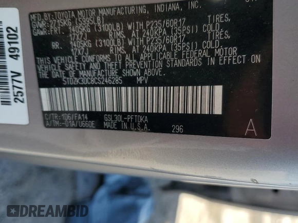 2012 Toyota Sienna with VIN 5TDZK3DC8CS246285, listed as a Copart auction lot 61676185 with 114,700 mi miles and Salvage title. Bid and sale history available at DreamBid. Image 14.