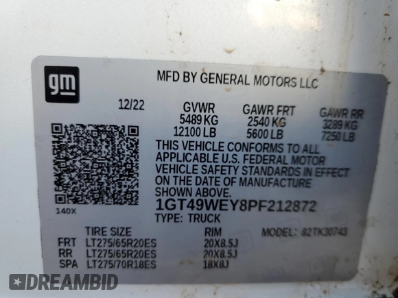 2023 GMC Sierra 3500HD Denali z VIN 1GT49WEY8PF212872, wystawiony jako Copart lot #82487884 z przebiegiem 24 109 mil mil oraz Szkoda całkowita • Salvage title. Historia ofert i sprzedaży dostępna na DreamBid. Obrazek 13.