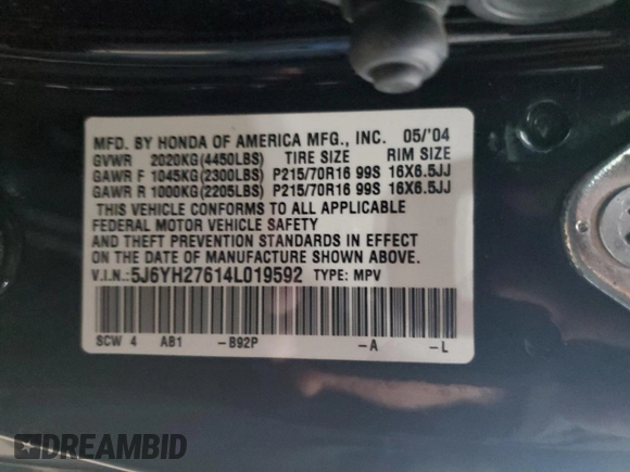 2004 Honda Element EX with VIN 5J6YH27614L019592, listed as a Copart auction lot 53577105 with 113,909 mi miles and Clean Title. Bid and sale history available at DreamBid. Image 13.
