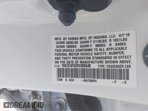 2019 Honda Insight EX with VIN 19XZE4F52KE005648, listed as a IAAI auction lot 41935225 with 68,312 mi miles. Bid and sale history available at carsss.com. Image 9.