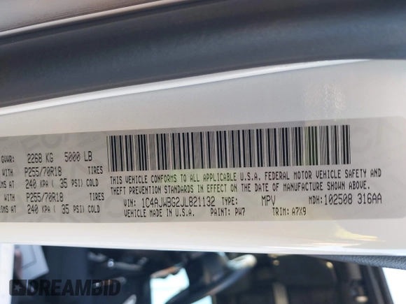 2018 Jeep Wrangler Sahara with VIN 1C4AJWBG2JL821132, listed as a IAAI auction lot 42523688 with 86,244 mi miles and . Bid and sale history available at DreamBid. Image 9.
