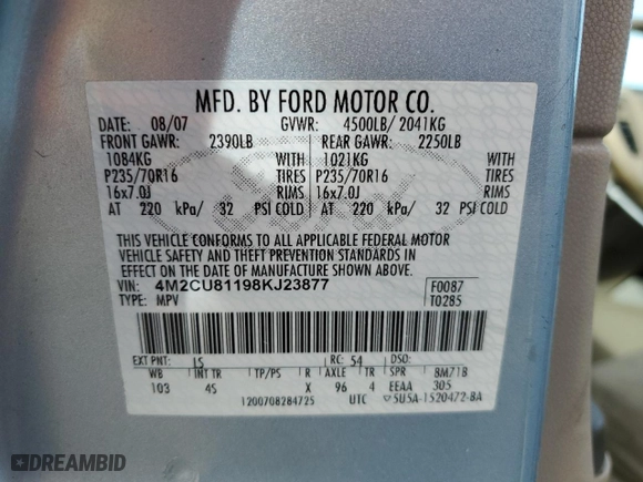 2008 Mercury Mariner with VIN 4M2CU81198KJ23877, listed as a Copart auction lot 42149665 with 237,119 mi miles and Salvage Title. Bid and sale history available at carsss.com. Image 15.