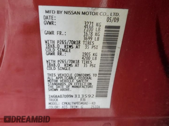 2009 Nissan Titan SE with VIN 1N6BA07D99N313592, listed as a Copart auction lot 41770525 with 140,252 mi miles and Salvage Title. Bid and sale history available at carsss.com. Image 14.