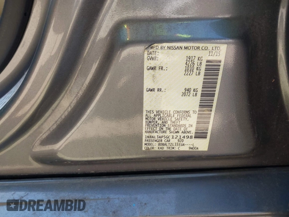 2016 Nissan Altima SR z VIN 1N4AL3AP5GC121498, wystawiony jako IAAI lot #41965883 z przebiegiem 128 381 mil mil oraz . Historia ofert i sprzedaży dostępna na DreamBid. Obrazek 9.