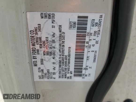2006 Ford Explorer Limited z VIN 1FMEU75806UB01019, wystawiony jako Copart lot #56592815 z przebiegiem 126 931 mil mil oraz Szkoda całkowita • Salvage title. Historia ofert i sprzedaży dostępna na DreamBid. Obrazek 14.