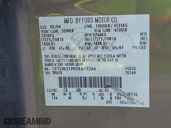 2005 Ford F-250 XL with VIN 1FTSW21P05EA15266, listed as a IAAI auction lot 42356854 with 248,237 mi miles and . Bid and sale history available at DreamBid. Image 9.