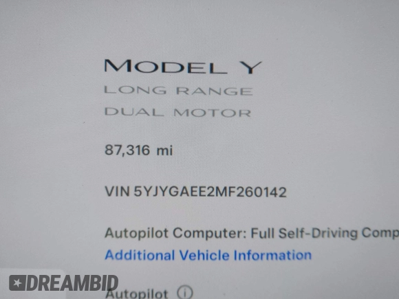 2021 Tesla Model Y Long Range with VIN 5YJYGAEE2MF260142, listed as a IAAI auction lot 41808666 with 87,316 mi miles and . Bid and sale history available at DreamBid. Image 14.