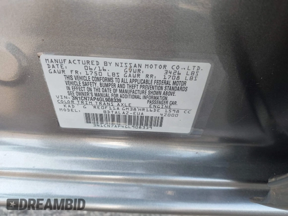 2016 Nissan Versa S Plus with VIN 3N1CN7AP4GL908339, listed as a IAAI auction lot 42146358 with 18,287 mi miles and . Bid and sale history available at DreamBid. Image 9.