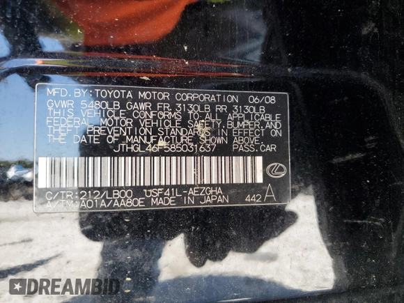 2008 Lexus LS 460 L with VIN JTHGL46F585031637, listed as a Copart auction lot 52797845 with 275,741 mi miles and Salvage title. Bid and sale history available at DreamBid. Image 12.