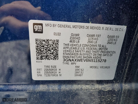 2022 Chevrolet Equinox RS with VIN 3GNAXWEV6NS115278, listed as a Copart auction lot 46452915 with 32,352 mi miles and Non Repairable. Bid and sale history available at carsss.com. Image 13.