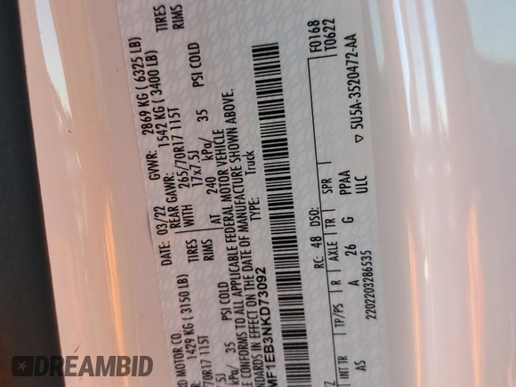 2022 Ford F-150 XL with VIN 1FTMF1EB3NKD73092, listed as a Copart auction lot 66130834 with 48,068 mi miles and Non repairable. Bid and sale history available at DreamBid. Image 14.