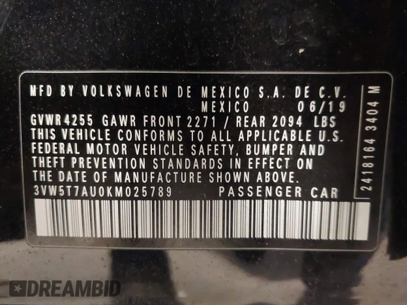 2019 Volkswagen GTI S с VIN 3VW5T7AU0KM025789, выставлен на аукционе IAAI как лот 41214585 с пробегом 71 624 миль миль и . История ставок и продаж доступна на DreamBid. Изображение 9.