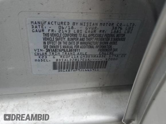2018 Nissan Sentra SV z VIN 3N1AB7AP9JL661911, wystawiony jako Copart lot #56884985 z przebiegiem 43 129 mil mil oraz Szkoda całkowita • Salvage title. Historia ofert i sprzedaży dostępna na DreamBid. Obrazek 12.
