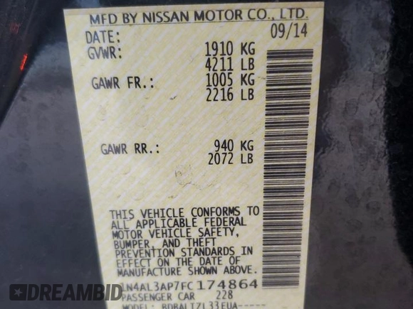 2015 Nissan Altima SV with VIN 1N4AL3AP7FC174864, listed as a Copart auction lot 89171815 with 121,460 mi miles and Salvage Title. Bid and sale history available at DreamBid. Image 14.