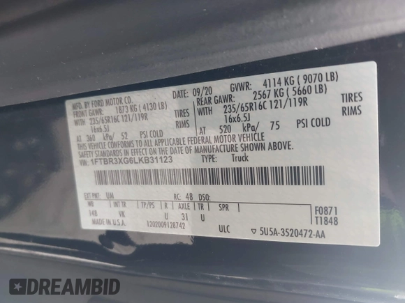 2020 Ford Transit Cargo с VIN 1FTBR3XG6LKB31123, выставлен на аукционе IAAI как лот 42034591 с пробегом 102 476 миль миль и . История ставок и продаж доступна на DreamBid. Изображение 9.