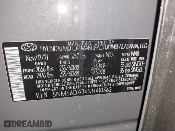 2022 Hyundai Santa Fe XRT with VIN 5NMS6DAJ4NH410362, listed as a IAAI auction lot 41775131 with 21,474 mi miles. Bid and sale history available at carsss.com. Image 9.