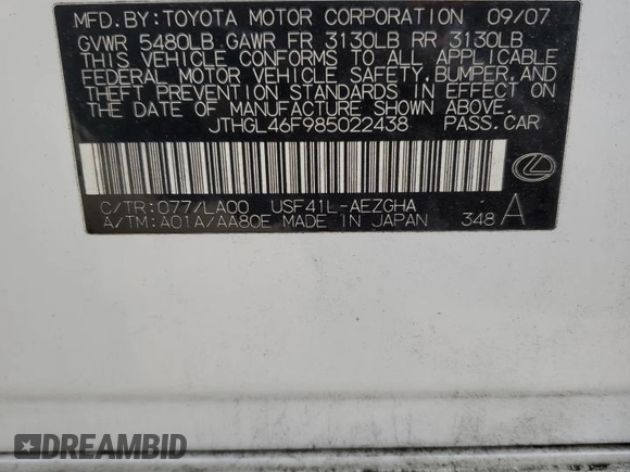 2008 Lexus LS 460 L with VIN JTHGL46F985022438, listed as a Copart auction lot 49938335 with 174,887 mi miles and Salvage title. Bid and sale history available at DreamBid. Image 12.